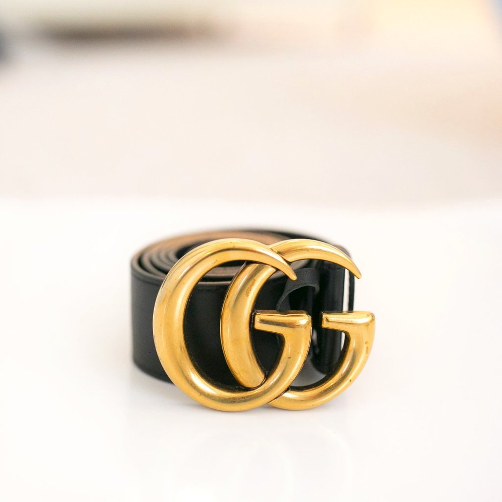 GUCCI LEATHER BELT - BLACK (LARGE LOGO BUCKLE)